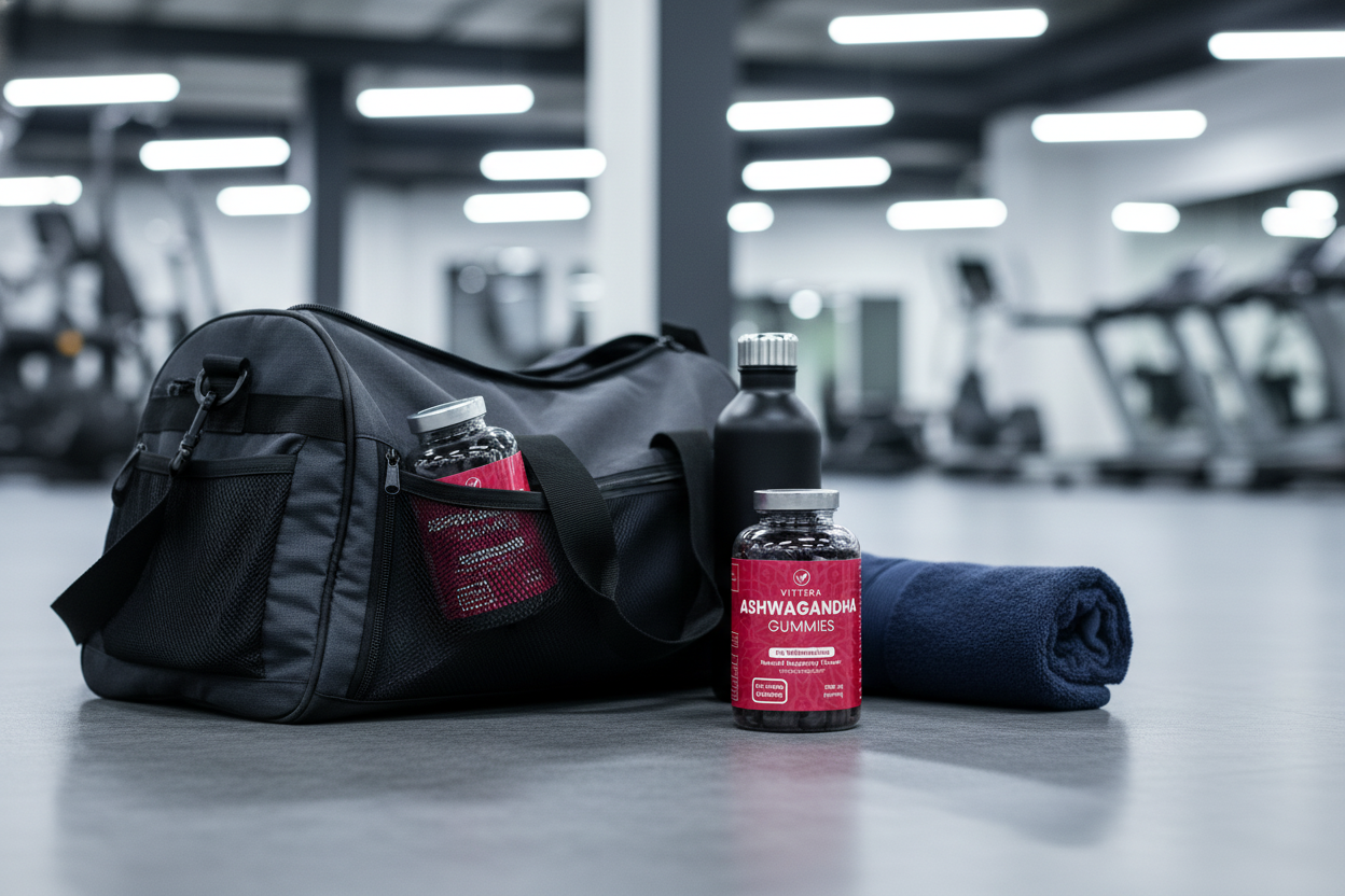Black duffel bag with bottles of Vittera Ashwagandha Gummies and a towel on a gym floor