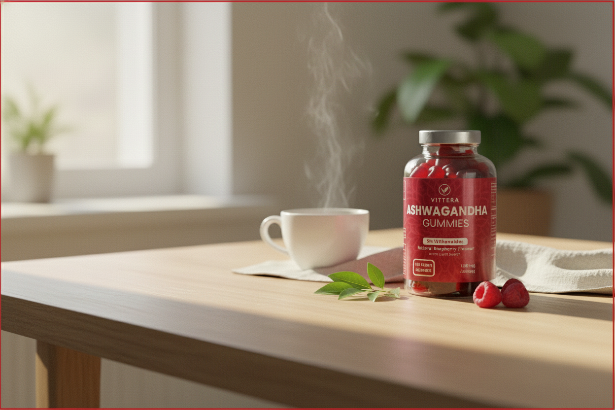 Bottle of Vittera Ashwagandha Gummies on a table with a cup of tea and a plant in the background.