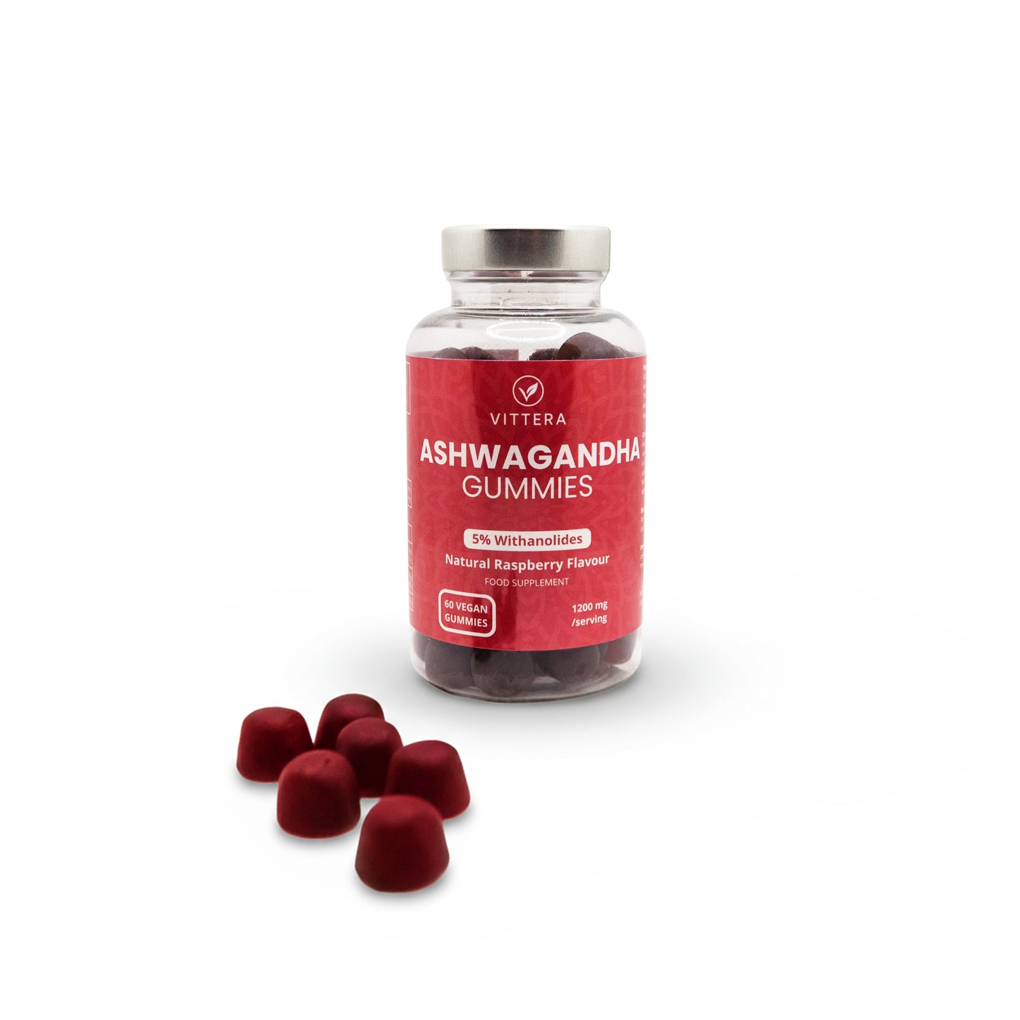 Vittera Ashwagandha gummies with a clear bottle on a white background